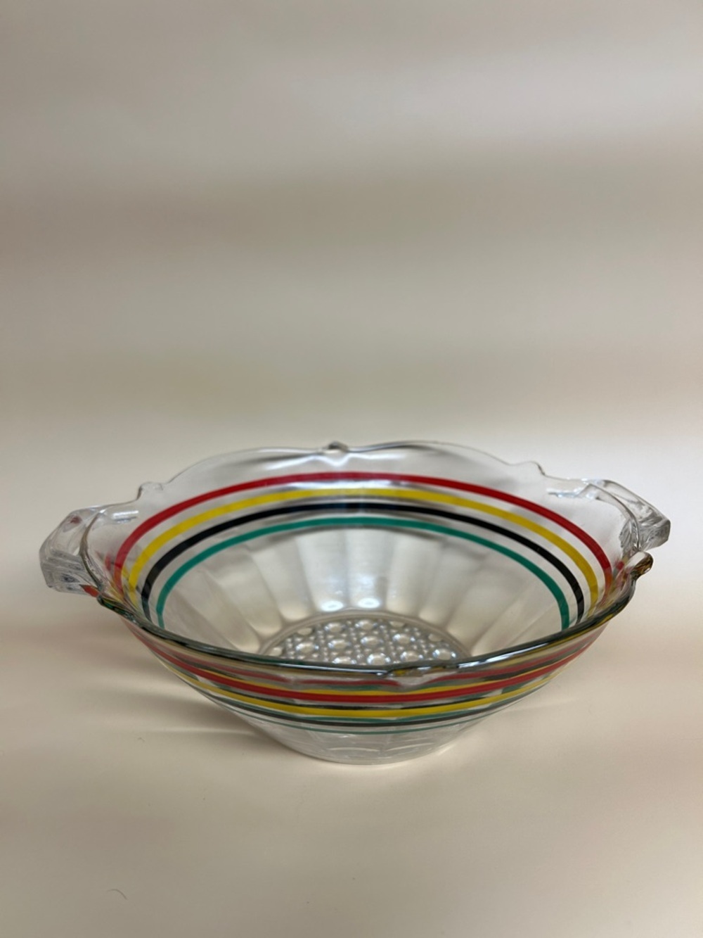 Vintage Anchor Hocking Lancaster Circus Stripes Ring Ding Clear Glass Bowl 8"